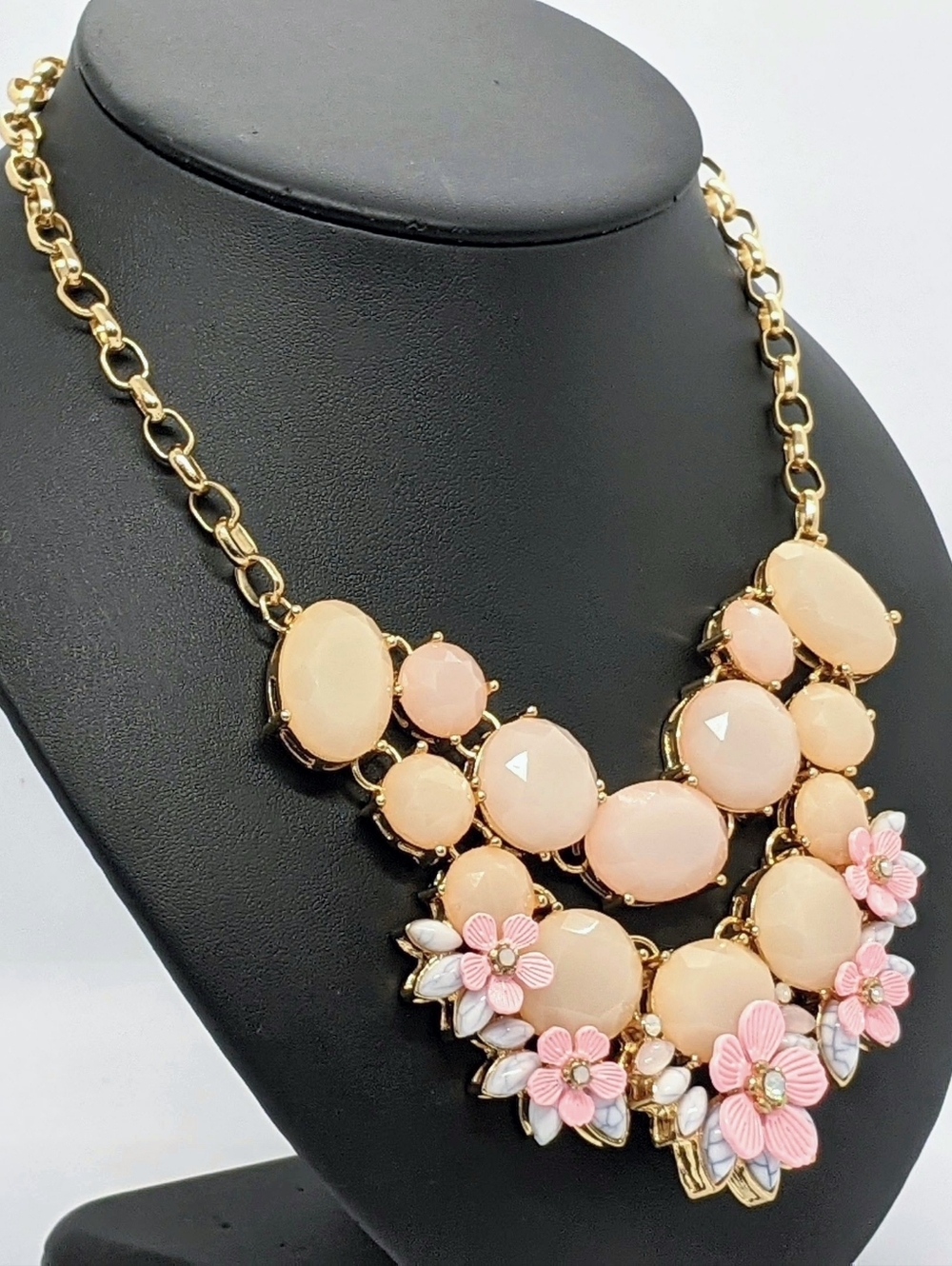 Vintage Designer Statement Bib Necklace - Gold Tone Pink Floral Peach Stone